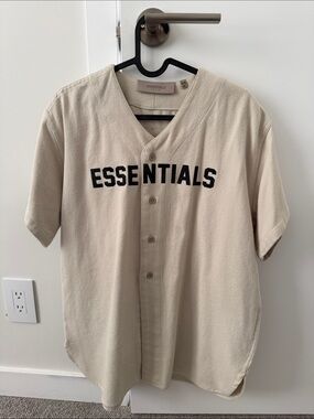 ESSENTIALS Beige Baseball-Style Button-Up Shirt with Black Logo
